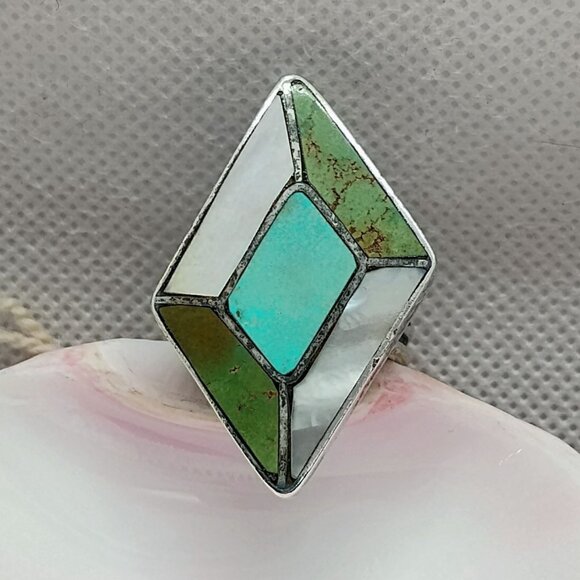 Zuni Sterling Silver Ring Turquoise Gaspeite & Mother Of Pearl Inlay Size 5.5 - Picture 2 of 8